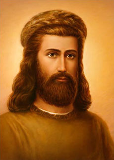 Portrait of Kuthumi, wearing a brown robe and a fur hat