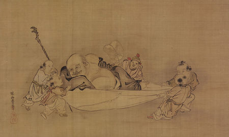 The Hemp-bag Bonze lying on a sheet being held up by four children