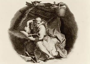 St. Hilarion reading a book, a crude shelter above him