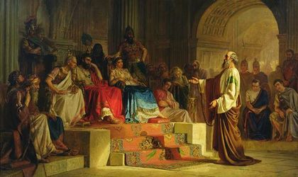 Paul before Herod Agrippa II flanked by his sister Berenice and Roman procurator Porcius Festus